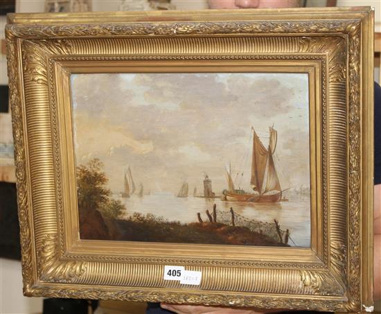 Late 19th century Flemish School, oil on wooden panel, Shipping along the coast, 26 x 36cm